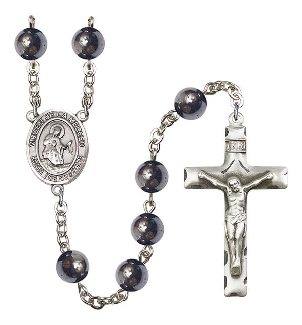 Virgen de la Merced Spanish Rosary, 8mm Hematite Beads, Silver Plate, # 11373