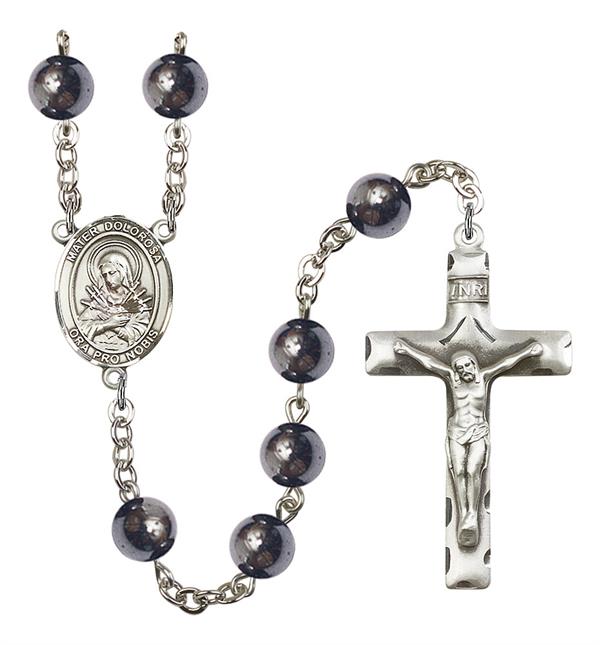 Mater Dolorosa Rosary, 8mm Hematite Beads, Silver Plate, # 11374