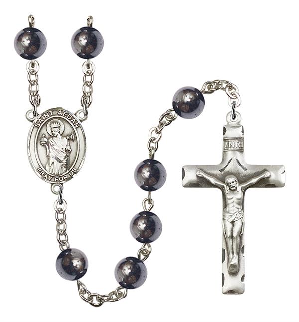 St. Aedan of Ferns Rosary, 8mm Hematite Beads, Silver Plate, # 11377