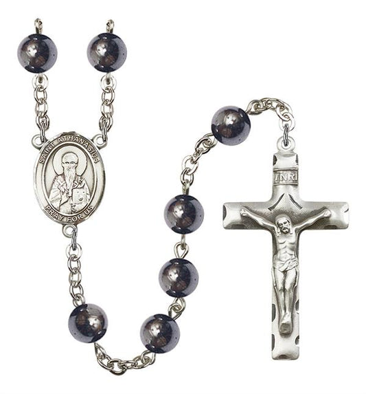 St. Athanasius Rosary, 8mm Hematite Beads, Silver Plate, # 11380