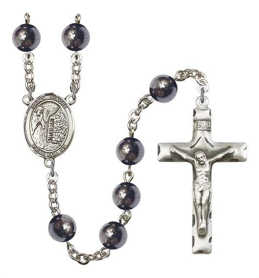 St. Fiacre Rosary, 8mm Hematite Beads, Silver Plate, # 11382