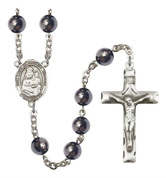Our Lady of Prompt Succor Rosary, 8mm Hematite Beads, Silver Plate, # 11383