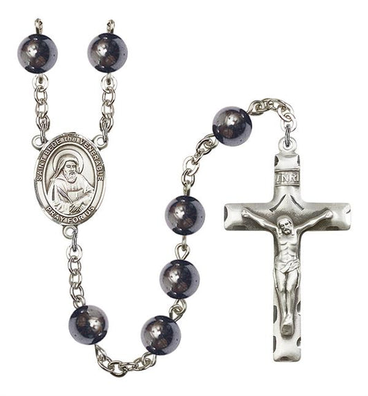 St. Bede the Venerable Rosary, 8mm Hematite Beads, Silver Plate, # 11386