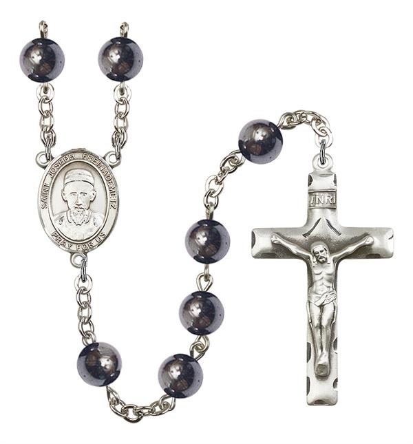 St. Joseph Freinademetz Rosary, 8mm Hematite Beads, Silver Plate, # 11422
