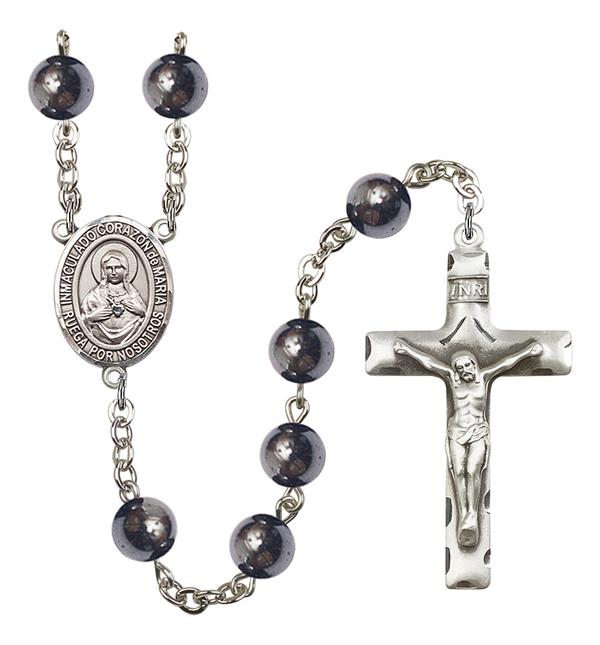 Corazon Inmaculado de Maria Spanish Rosary, 8mm Hematite Beads, Silver Plate, # 11437