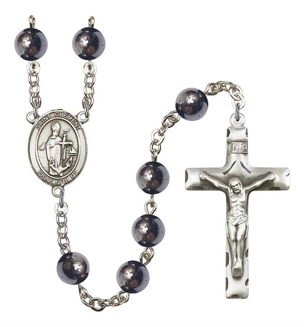 St. Clement Rosary, 8mm Hematite Beads, Silver Plate, # 11440