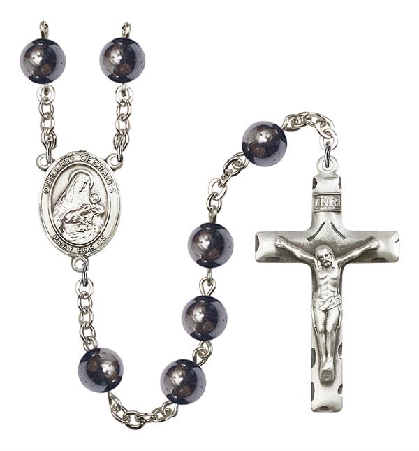 Our Lady of Grapes Rosary, 8mm Hematite Beads, Silver Plate, # 11447