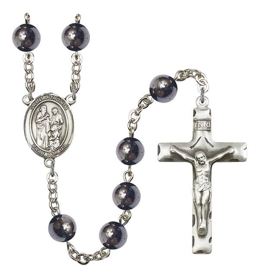 St. Joachim Rosary, 8mm Hematite Beads, Silver Plate, # 11448