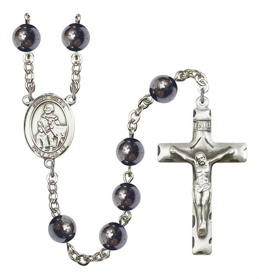 St. Giles Rosary, 8mm Hematite Beads, Silver Plate, # 11449
