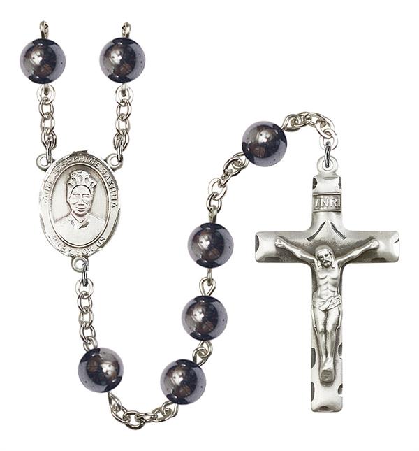 St. Josephine Bakhita Rosary, 8mm Hematite Beads, Silver Plate, # 11460