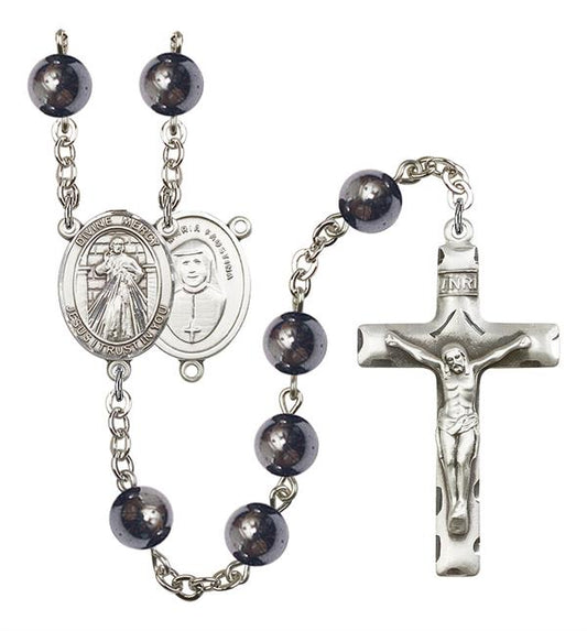 Divine Mercy Rosary, 8mm Hematite Beads, Silver Plate, # 11466