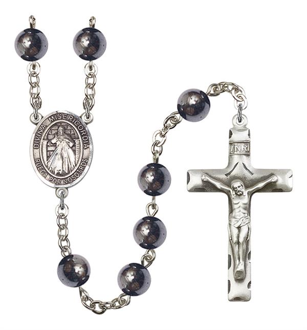 Divina Misericordia Spanish Rosary, 8mm Hematite Beads, Silver Plate, # 11467