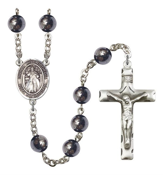 Divina Misericordia Spanish Rosary, 8mm Hematite Beads, Silver Plate, # 11467