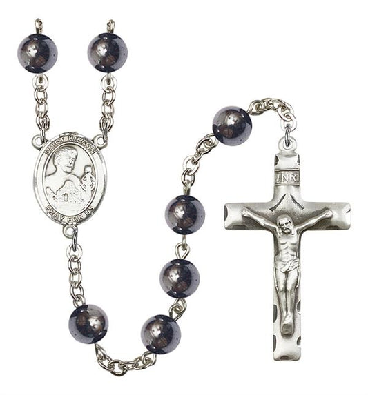 St. Kieran Rosary, 8mm Hematite Beads, Silver Plate, # 11468