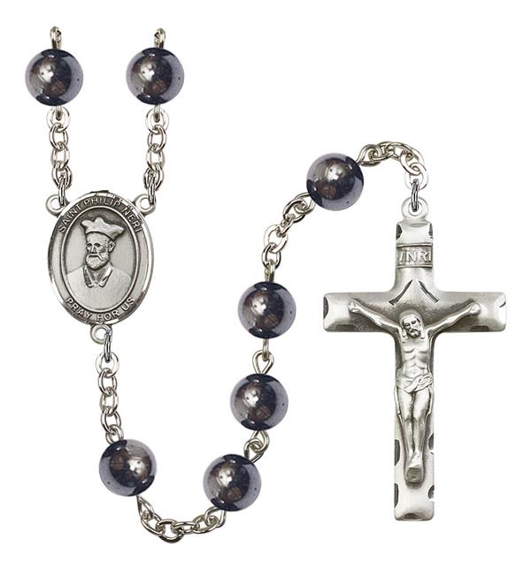 St. Philip Neri Rosary, 8mm Hematite Beads, Silver Plate, # 11470