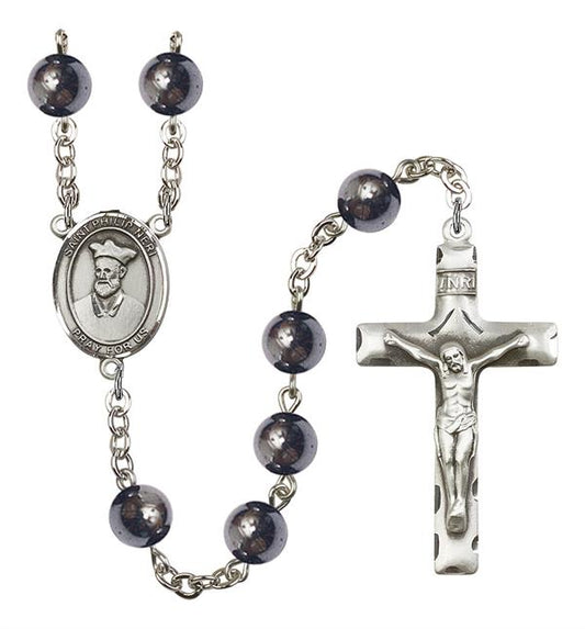 St. Philip Neri Rosary, 8mm Hematite Beads, Silver Plate, # 11470