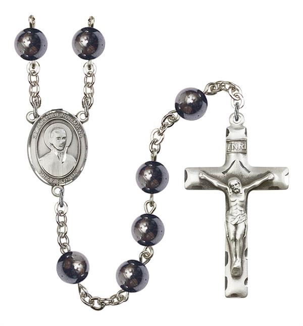 St. John Berchmans Rosary, 8mm Hematite Beads, Silver Plate, # 11471