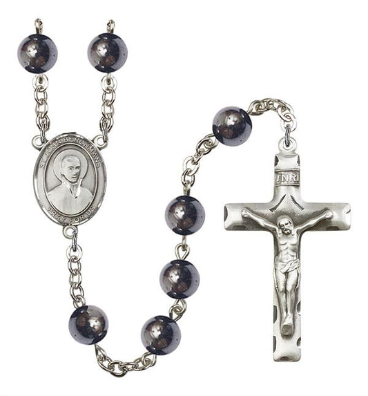 St. John Berchmans Rosary, 8mm Hematite Beads, Silver Plate, # 11471
