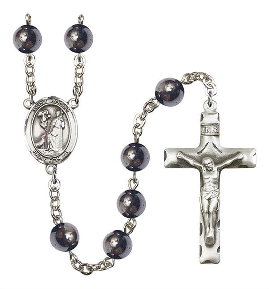 St. Rocco Rosary, 8mm Hematite Beads, Silver Plate, # 11488