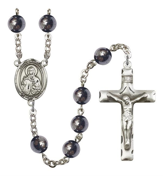 St. Marina Rosary, 8mm Hematite Beads, Silver Plate, # 11490