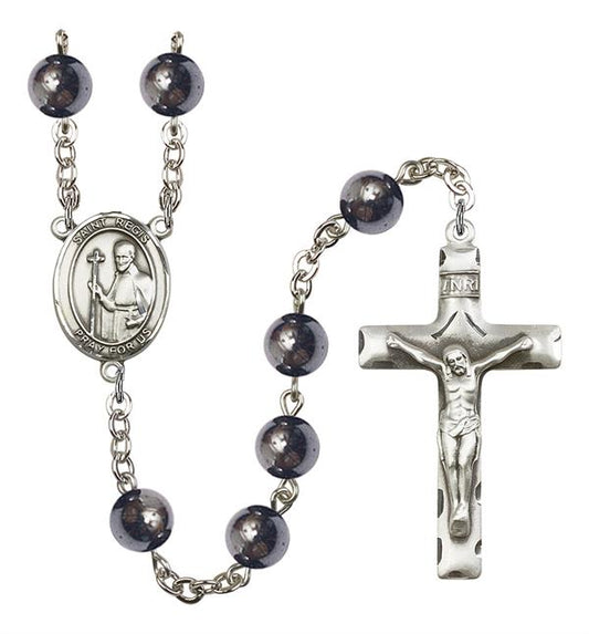 St. Regis Rosary, 8mm Hematite Beads, Silver Plate, # 11491