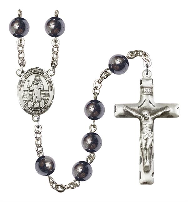 St. Bernadine of Sienna Rosary, 8mm Hematite Beads, Silver Plate, # 11498