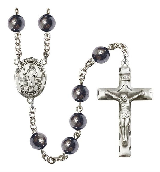 St. Bernadine of Sienna Rosary, 8mm Hematite Beads, Silver Plate, # 11498