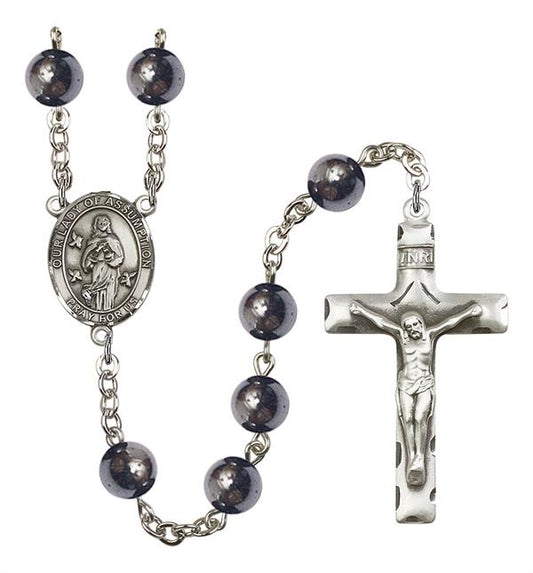 Our Lady of the Assumption Rosary, 8mm Hematite Beads, Silver Plate, # 11499