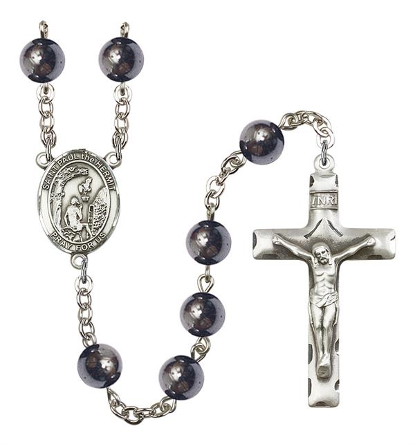 St. Paul the Hermit Rosary, 8mm Hematite Beads, Silver Plate, # 11505
