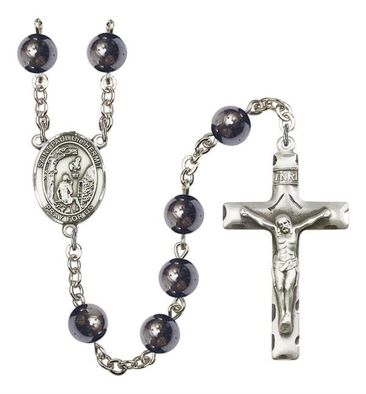 St. Paul the Hermit Rosary, 8mm Hematite Beads, Silver Plate, # 11505