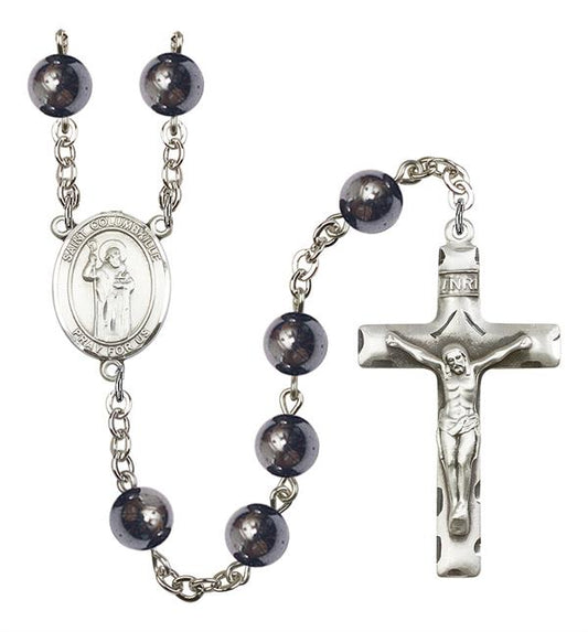 St. Columbkille Rosary, 8mm Hematite Beads, Silver Plate, # 11509