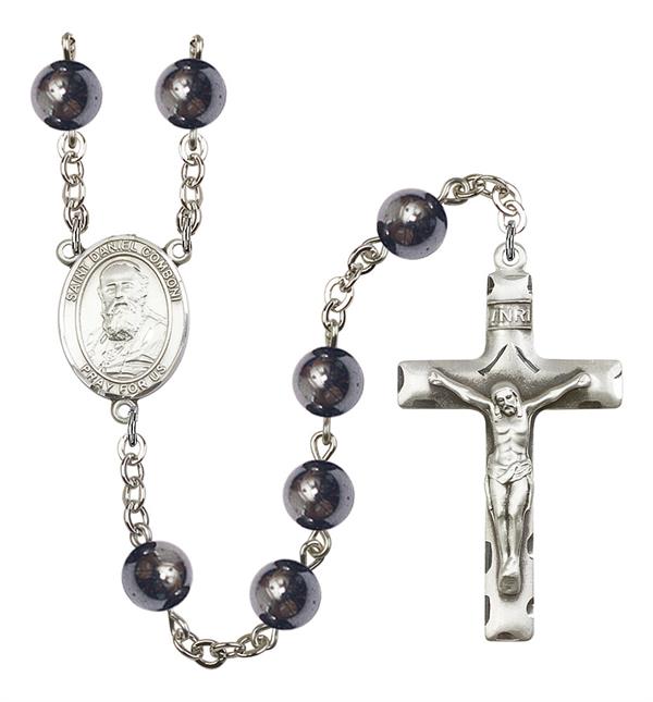St. Daniel Comboni Rosary, 8mm Hematite Beads, Silver Plate, # 11510