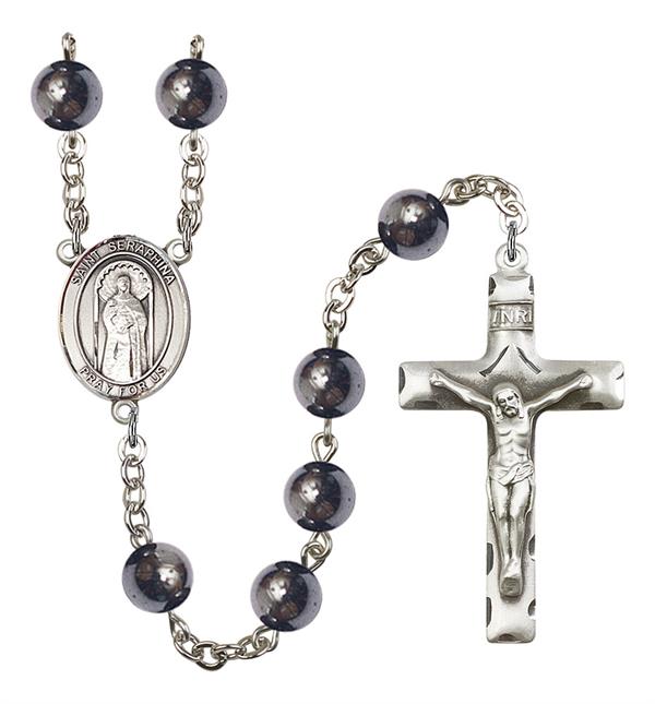 St. Seraphina Rosary, 8mm Hematite Beads, Silver Plate, # 11515