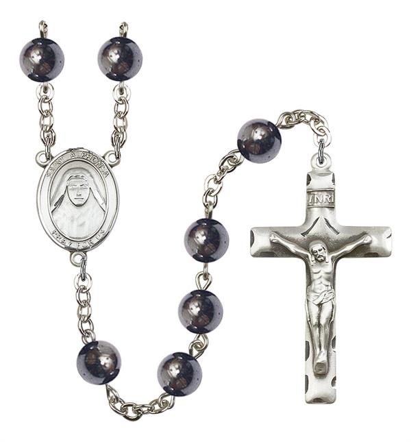 St. Alphonsa of India Rosary, 8mm Hematite Beads, Silver Plate, # 11516