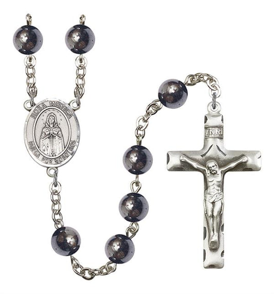 Our Lady of Rosa Mystica Spanish Rosary, 8mm Hematite Beads, Silver Plate, # 11524