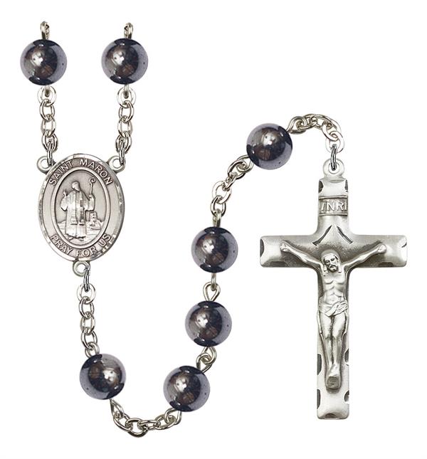 St. Maron Rosary, 8mm Hematite Beads, Silver Plate, # 11528