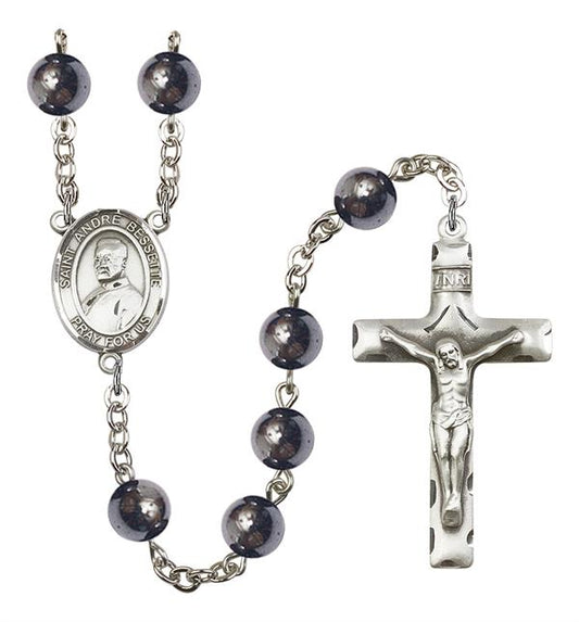 St. Andre Bessette Rosary, 8mm Hematite Beads, Silver Plate, # 11535