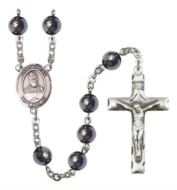 St. Fabian Rosary, 8mm Hematite Beads, Silver Plate, # 11538