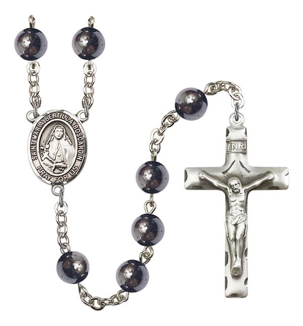 St. Maria Bertilla Boscardin Rosary, 8mm Hematite Beads, Silver Plate, # 11539