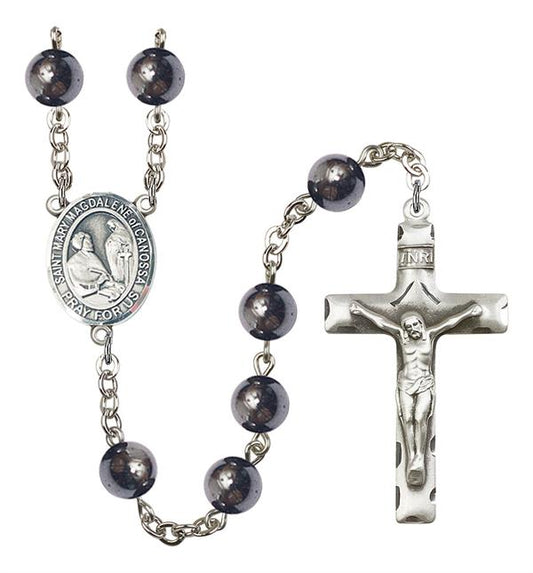 St. Mary Magdalene of Canossa Rosary, 8mm Hematite Beads, Silver Plate, # 11540