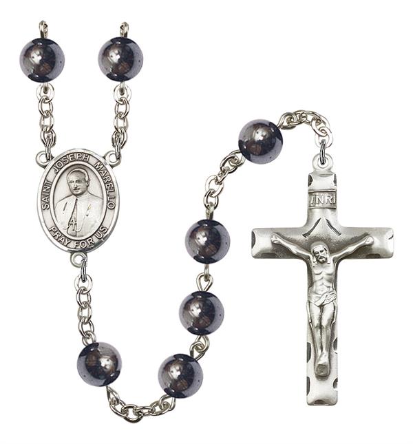 St. Joseph Marello Rosary, 8mm Hematite Beads, Silver Plate, # 11543