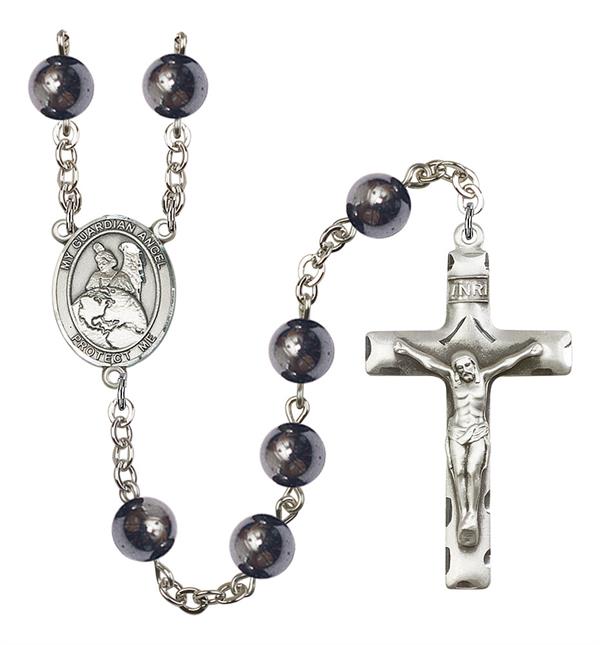 Guardian Angel Protector Rosary, 8mm Hematite Beads, Silver Plate, # 11550