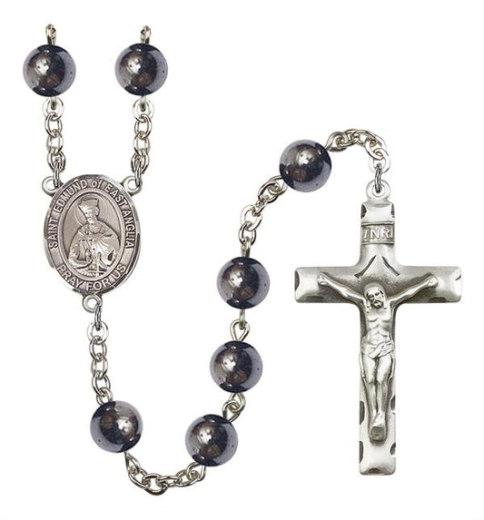 St. Edmund of East Anglia Rosary, 8mm Hematite Beads, Silver Plate, # 11555