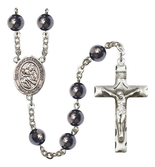 Our Lady of the Precious Blood Rosary, 8mm Hematite Beads, Silver Plate, # 11557