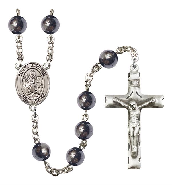 St. Ephrem Rosary, 8mm Hematite Beads, Silver Plate, # 11558