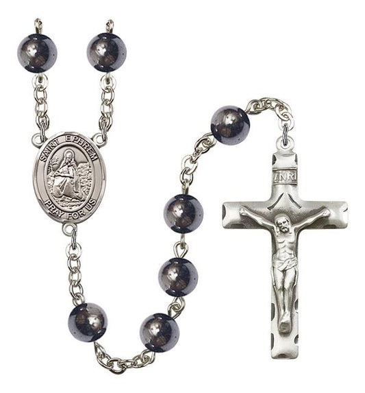 St. Ephrem Rosary, 8mm Hematite Beads, Silver Plate, # 11558