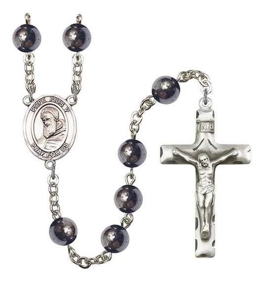 Pope Pius V Rosary, 8mm Hematite Beads, Silver Plate, # 11561