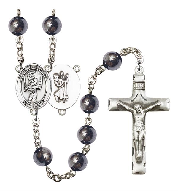 St. Christopher / Baseball Rosary, 8mm Hematite Beads, Silver Plate, # 11563