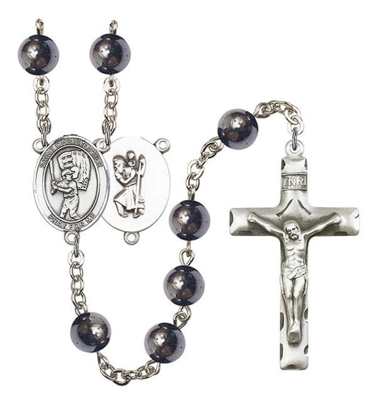St. Christopher / Baseball Rosary, 8mm Hematite Beads, Silver Plate, # 11563