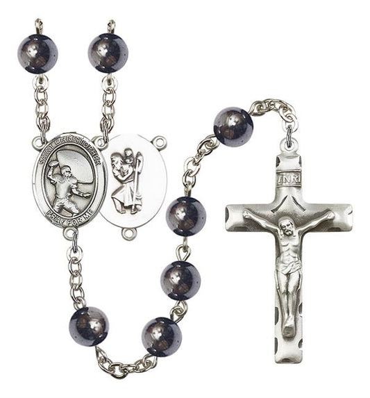 St. Christopher / Football Rosary, 8mm Hematite Beads, Silver Plate, # 11564